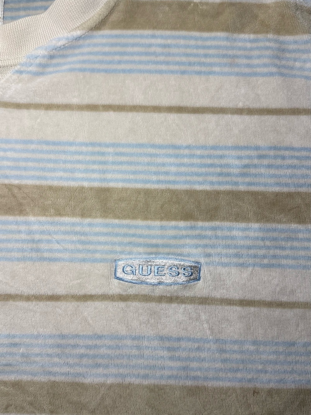 Vintage 1990s Guess Blue And White Striped Embroidered SpellOut Shirt - Picture 2 of 5